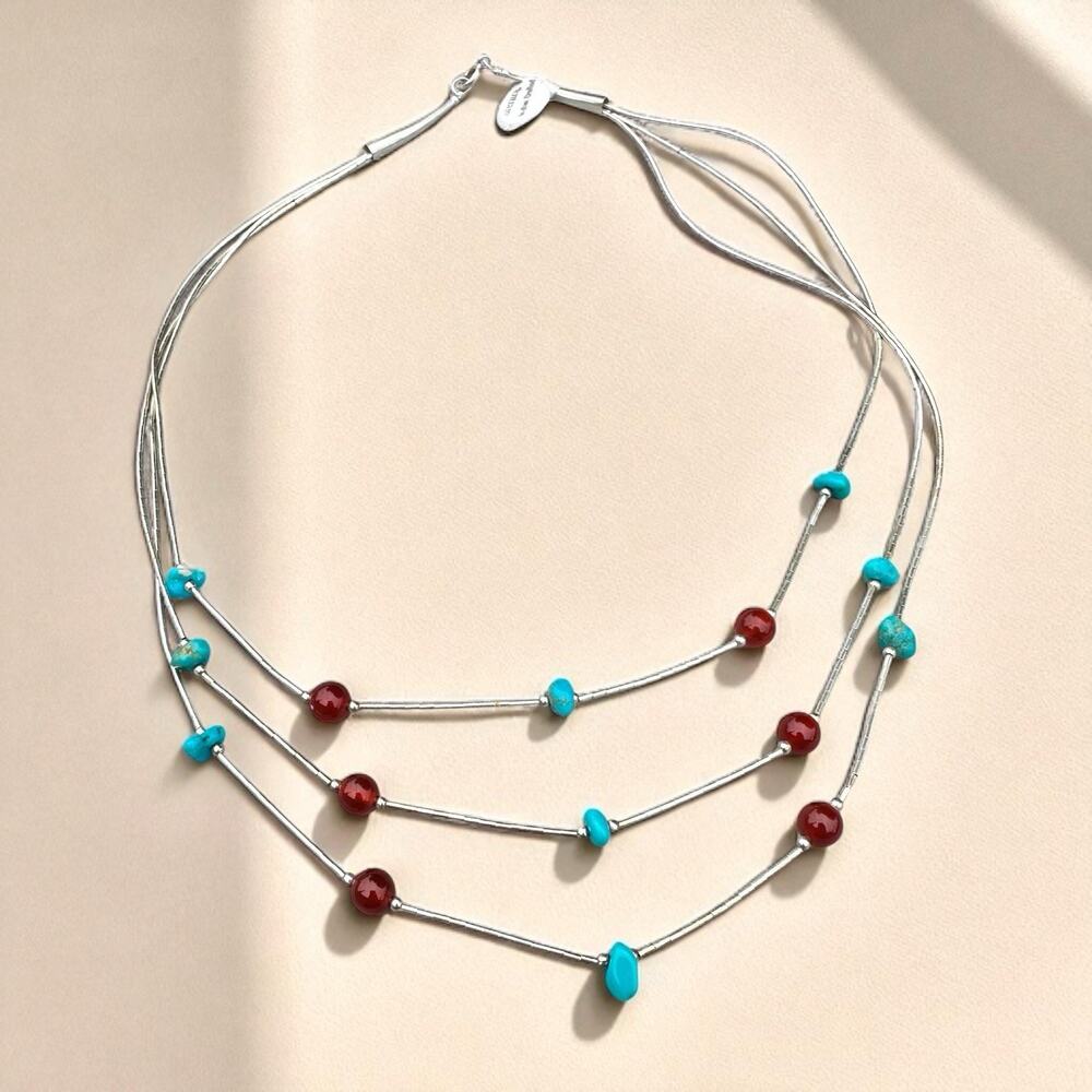Sterling Liquid Silver Necklace Layered Turquoise Carnelian 925 Native Navajo - Picture 2 of 7